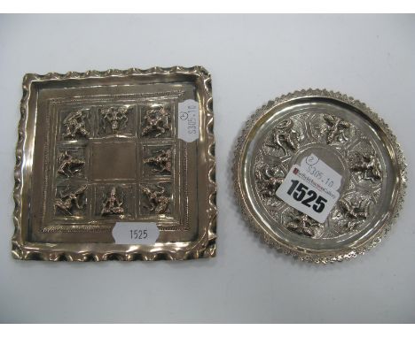 A Middle Eastern Style Trinket Dish, of circular form allover detailed in relief; together with a square trinket dish. (2)