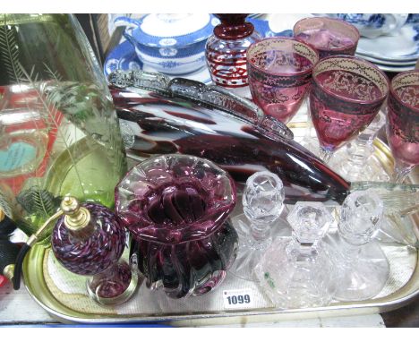 Murano Style Wrythen Glass Vase, Victorian mottled glass fish, studio glass scent bottle, cranberry tinted wine glasses, crys