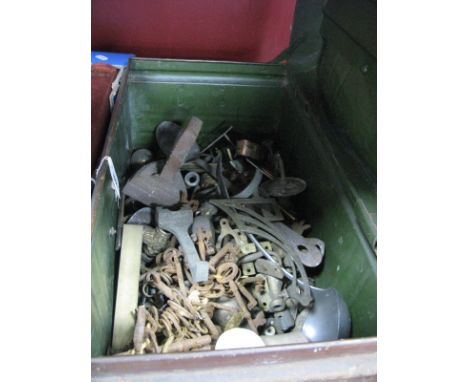 XIX Century Keys, flat iron, stoneware, foot warmer, brass fittings, etc, in tin trunk.