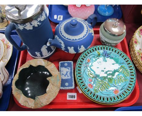 Three Continental Majolica Plates, Wedgwood blue Jasper ware tea pot, hot water jug and trinket box, similar green preserve p
