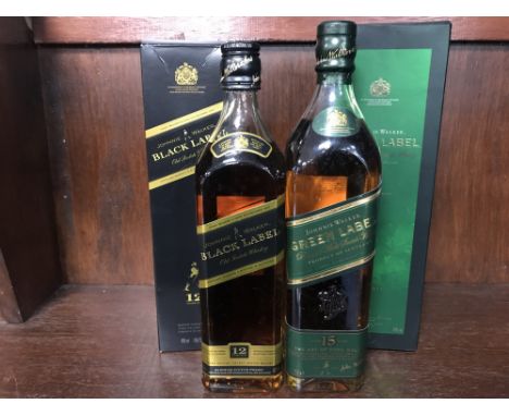 JOHNNIE WALKER GREEN LABEL AGED 15 YEARS Blended Malt Scotch Whisky 70cl, 43% volume, in carton. JOHNNIE WALKER BLACK LABEL A