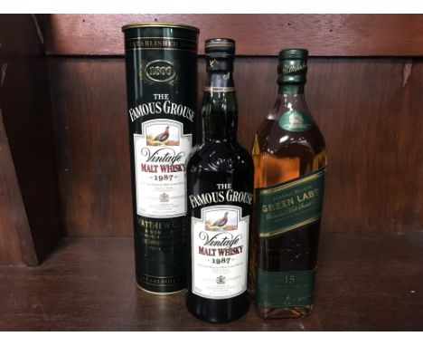 JOHNNIE WALKER GREEN LABEL AGED 15 YEARS Blended Malt Scotch Whisky 70cl, 43% volume. FAMOUS GROUSE 1987 AGED 12 YEARS Blende
