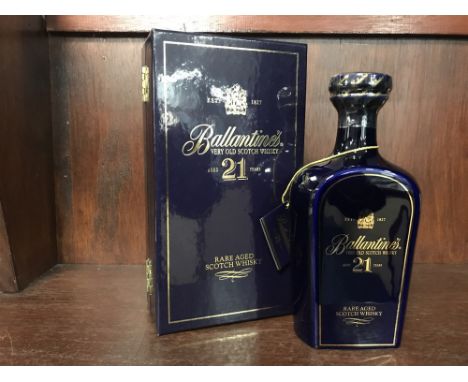 BALLANTINE'S AGED 21 YEARS Blended Scotch Whisky 50cl, 43% volume, blue ceramic bottle in box.
