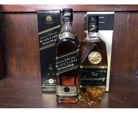 JOHNNIE WALKER BLACK LABEL AGED 12 YEARS Blended Scotch Whisky 70cl, 40% volume, in carton. ANTIQUARY Blended Scotch Whisky 2