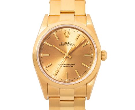 ROLEX Oyster Perpetual 34 Armbanduhr, Ref. 14208. Full Set 2002. Gelbgold 18K, Seriennummer T486423. Automatic-Werk Kal. 3000