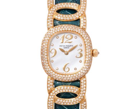 PATEK PHILIPPE feine und elegante Ellipse d'Or "MOP Diamonds" Damenuhr, Ref. 4832 Damenuhr. Full Set 1997. Gelbgold 18K, ab W