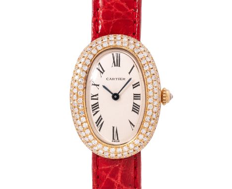 CARTIER seltene Baignoire "Factory Diamonds" Damenuhr, Ref. 866046. Ca. 2000er Jahre. Gelbgold 18K, Lünette besetzt mit 146 D