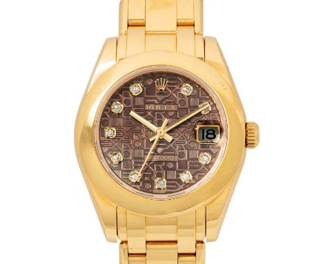 ROLEX Datejust 31 Pearlmaster "Tahiti MOP Jubilee Diamonds" Damenuhr, Ref. 81208. Full Set 2010. Gelbgold 18K, Seriennummer V