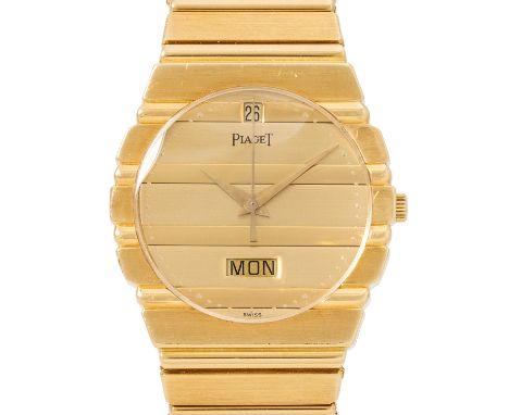 PIAGET seltene Vintage "Polo" Herrenuhr, Ref. 15562C701. Box + Papiere 1990. Gelbgold 18K. Quartz-Werk Kal. 18P, funktionsfäh