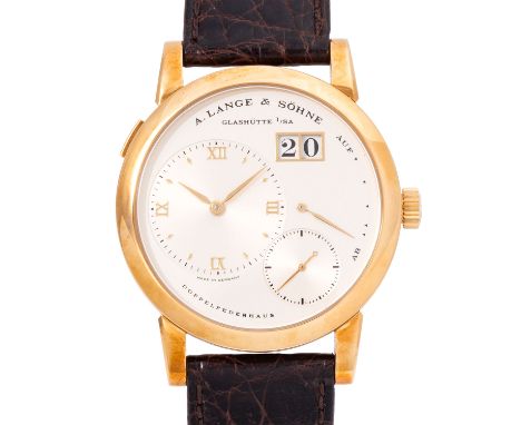 A. LANGE & SÖHNE frühe Lange 1 "Solid caseback" Herrenuhr, Ref. 101.001. Full Set 1995. Gelbgold 18K, frühe Referenz mit gesc