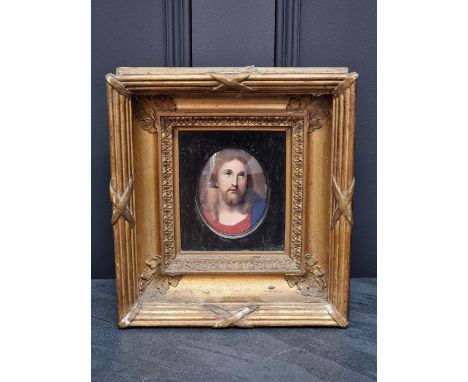 European School,&nbsp;19th century, head and shoulders portrait of Christ, on metal, 10 x 8cm oval.