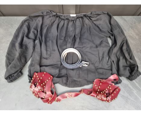 Saint Laurent:&nbsp;a sheer black blouson top with leather drawstring hem; together with a Jaeger blue suede belt (32); and a