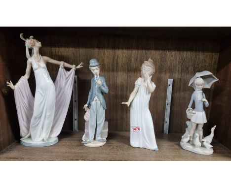 Three Lladro figures,&nbsp;largest 34.5cm high, (losses to two); together with a Nao figure, 29cm high. (4)