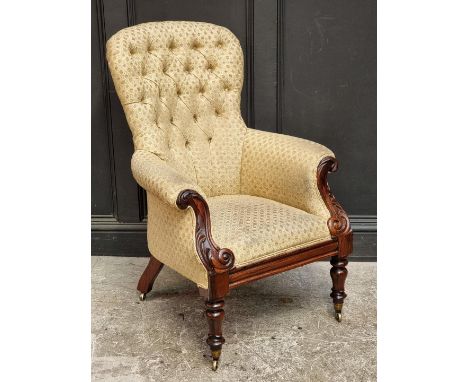 A Victorian carved rosewood and button upholstered occasional armchair,&nbsp;the brass casters stamped 'Loach &amp; Clarkes P