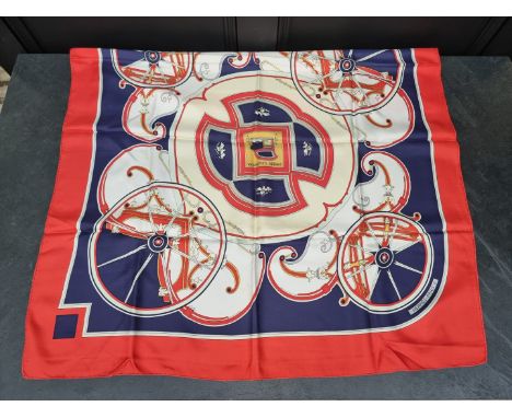 Hermes:&nbsp;a vintage 'Washington's Carriage' pattern silk scarf, red colourway, some marks and staining.