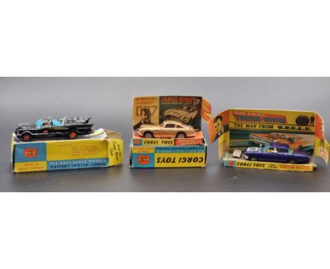 Corgi Toys:&nbsp;three vintage vehicles, comprising: James Bond's Aston Martin DB5, No:261; a boxed Batmobile No:267, with ro