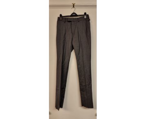 Louis Vuitton:&nbsp;a pair of mid-grey wool suit trousers, waist tabs with silver 'LV' logo and buckle, unfinished hem, EU38.