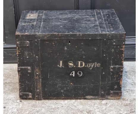 A Victorian ebonised and metal bound trunk, inscribed 'J.S. Doyle', 69cm wide.