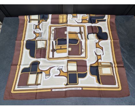 Hermes:&nbsp;a vintage 'Les Coupes' pattern silk scarf, brown and cream colourway.