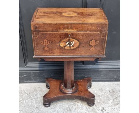 A 19th century mahogany and inlaid pedestal teapoy, incorporating ivory, 46cm wide, (converted interior).&nbsp;DEFRA Ivory Ac