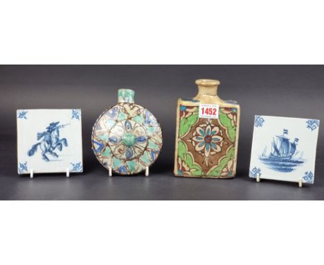 Two Iznik pottery items, comprising a square vase, 15.5cm high; and a circular flask, 13.5cm high; together with two antique 