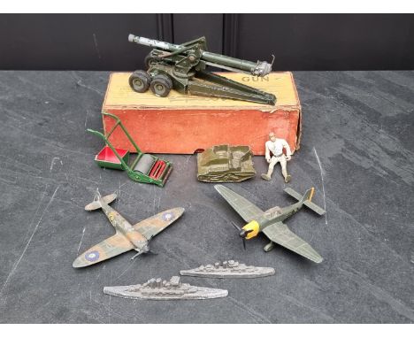 Britains:&nbsp;a vintage 155mm gun in box (heavily playworn in distressed box); together with 2 Dinky aeroplanes, a lawnmower