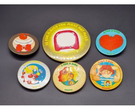 Six vintage Magpie TV programme pin badges, largest 9cm diameter.