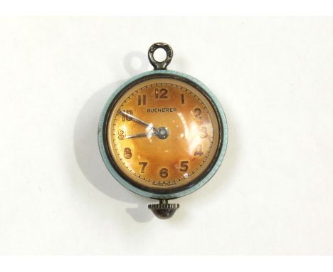 A Bucherer globe shaped pendant watch with guilloche decoration, visible movement, approximately 2.5cm tall