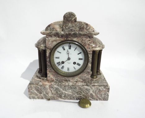 A J.W. Benson marble mantel clock of architectural form, with column supports to sides, the white enamel Roman numeral dial s