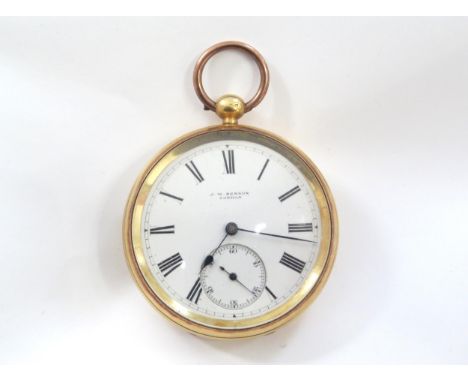 An 18ct gold cased open face pocket watch by J.W. Benson of London, in associated box, the white enamel dial with Roman numer