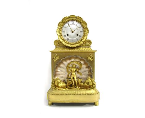A 19th Century French gilt metal mantel clock depicting Amphitrite, wife of Poseidon. Central silvered scallop with Amphitrit