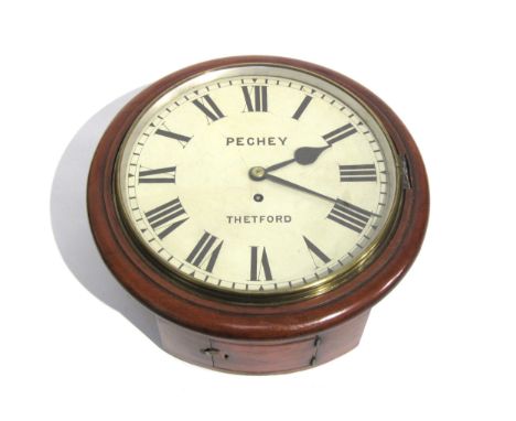 A Victorian English fusee dial clock by Pechey of Thetford, Roman numerated, 12'' dial, mahogany cased, with pendulum