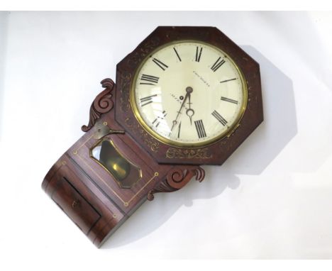 A mid 19th Century octagonal mahogany cased drop-dial wall clock by Thomas Iorns of Alcester, with fusee movement, 12" Roman 
