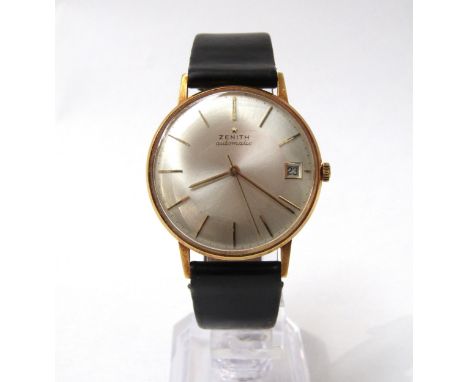 ZENITH: An 18ct gold cased Zenith automatic wristwatch on leather strap, dial with baton markers, centre seconds, and date ap