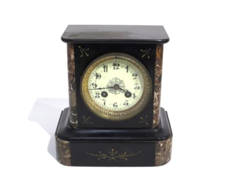 A marble mantel clock with cream enamel Arabic dial, movement stamped AM striking a bell