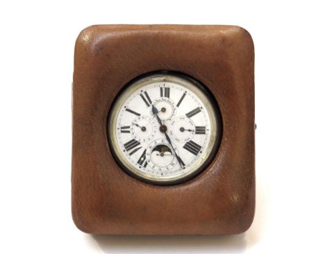 A silver cased goliath pocket watch with full calendar and moonphase subsidiary dials, includes a dial for the month, day of 