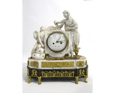 A 19th Century French ormolu/gilt metal and biscuit porcelain mantel clock on a slate base, the base with cherub and palmette