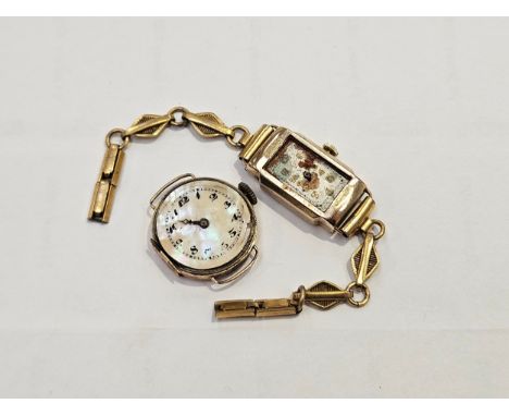 Two 9ct gold cased ladies wristwatches, one a 9ct gold cased Art deco ladies wristwatch, on a rolled gold strap a/f together 