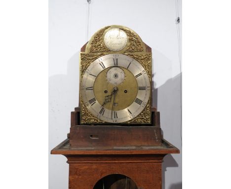 An oak longcase clock by Benjamin Sudlow of Yarmouth, ornate dial with silvered Roman chapter ring, subsidiary dial and date 