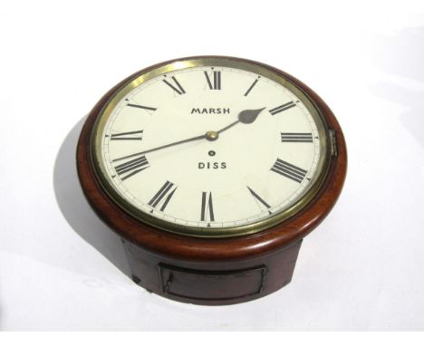 A wall hanging dial clock by Marsh of Diss, with single fusee movement, 12" white Roman numeral dial, with key and pendulum