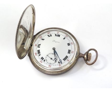 LONGINES: An early 20th Century full hunter pocket watch, case with geometric design, military presentation engraved 'PRESENT
