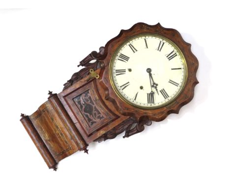 A Victorian walnut and parquetry inlaid drop-dial wall clock, the 12" white Roman numeral dial with octagonal parquetry with 