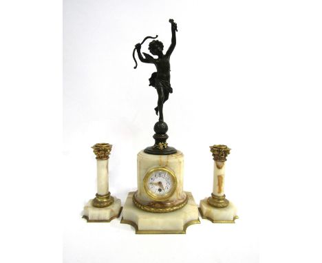 A French marble and gilt metal mantel timepiece, the marble pedestal base with white enamel Arabic numeral and floral dial, s