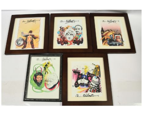 Doctor Who Chris Achilleos glass framed art prints x 5, signed by the artist, NO PROVENANCE. 9.5"/24cm x 13"/33cm to 12.5"/31