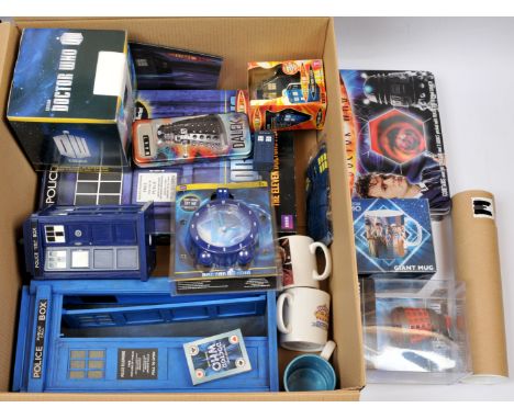 Quantity of Doctor Who related collectables includes Character The Eleven Doctors Figure Set, Christmas light up waterglobe, 