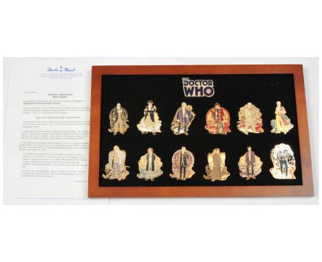 Danbury Mint Doctor Who Regenerations Deluxe Enamel Pin badge set, Near Mint complete, with frame.