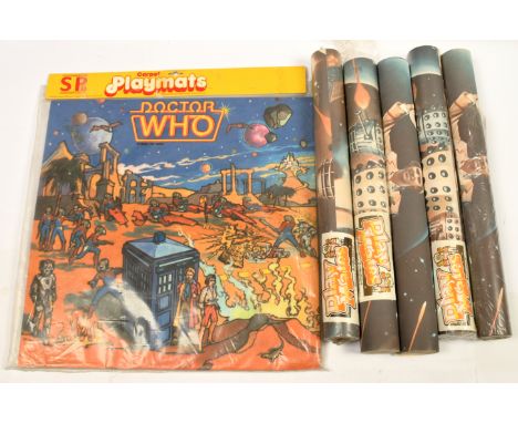 Doctor Who carpet playmat and wallpaper rolls x five. Good Plus condition Playmat sealed, wallpaper rolls partially sealed. (