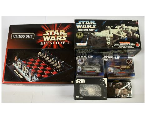 Star Wars modern collectables x 6 includes Episode I chess set, Kenner Collector Fleet Electronic Rebel Blockade Runner, Ban 