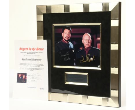 Star Trek Jonathan Frakes and Patrick Stewart autographs, on a photograph print as William T. Riker and Jean-Luc Picard in "S