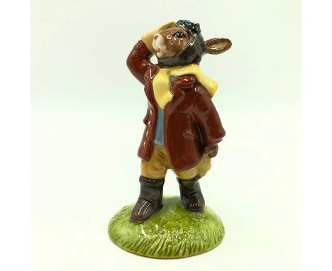 Bunny preparing to fly. Hand painted in maroon coat, yellow scarf, blue shirt and tan trousers. Artist: Caroline Dadd and Sha